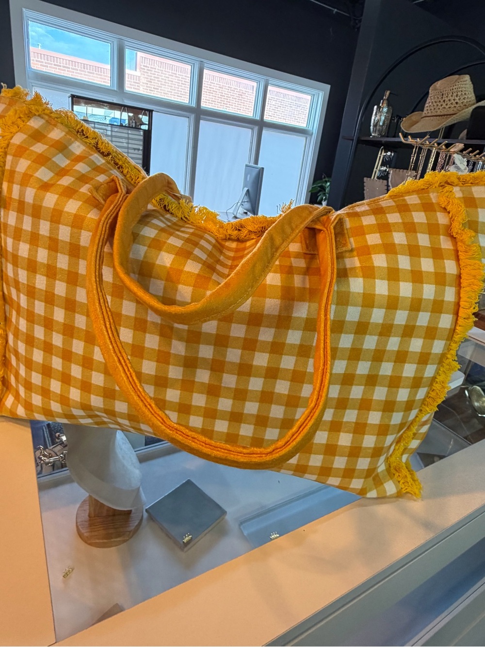 Yellow Gingham Fringe Tote Bag for Women by